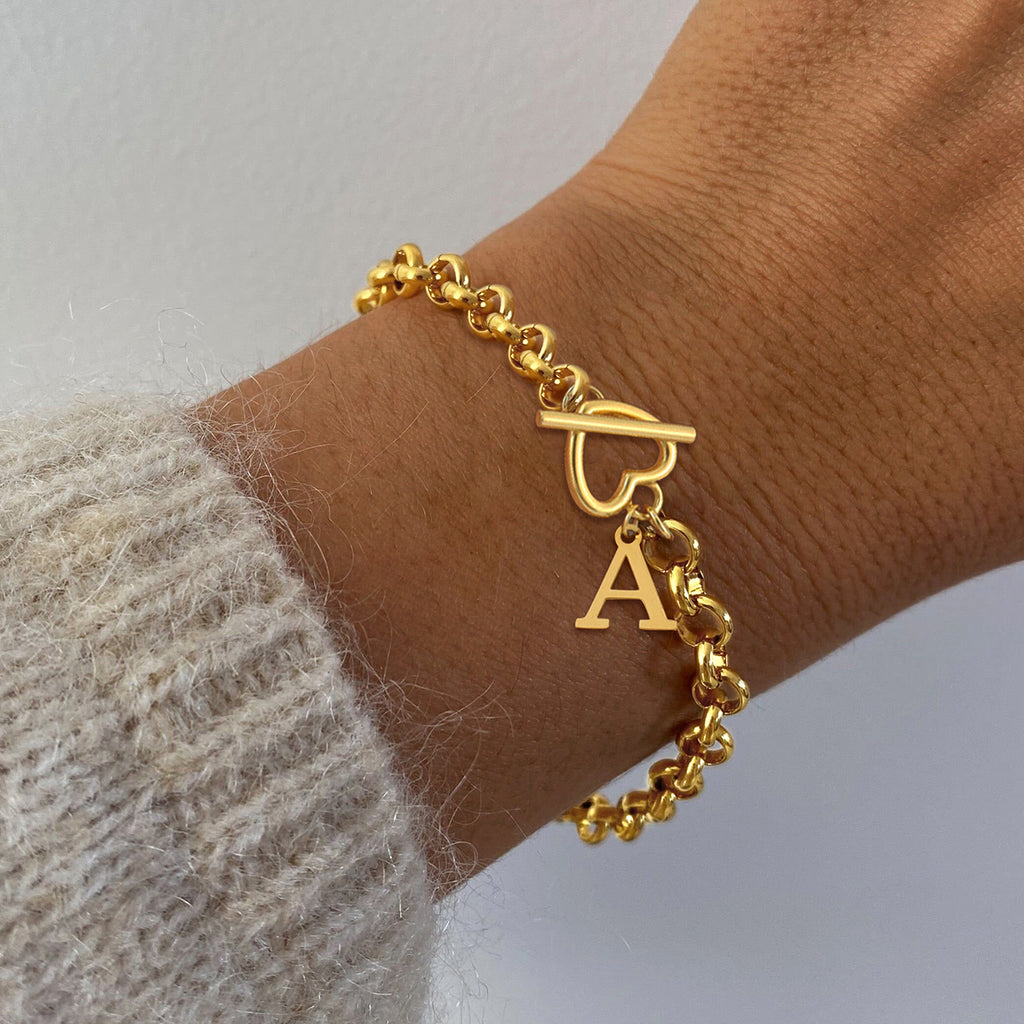 Gold Initial Bracelets For Women -18k Gold Plated Dainty Heart Toggle Clasps A-Z Initial Bracelets For Women Jewelry Gift