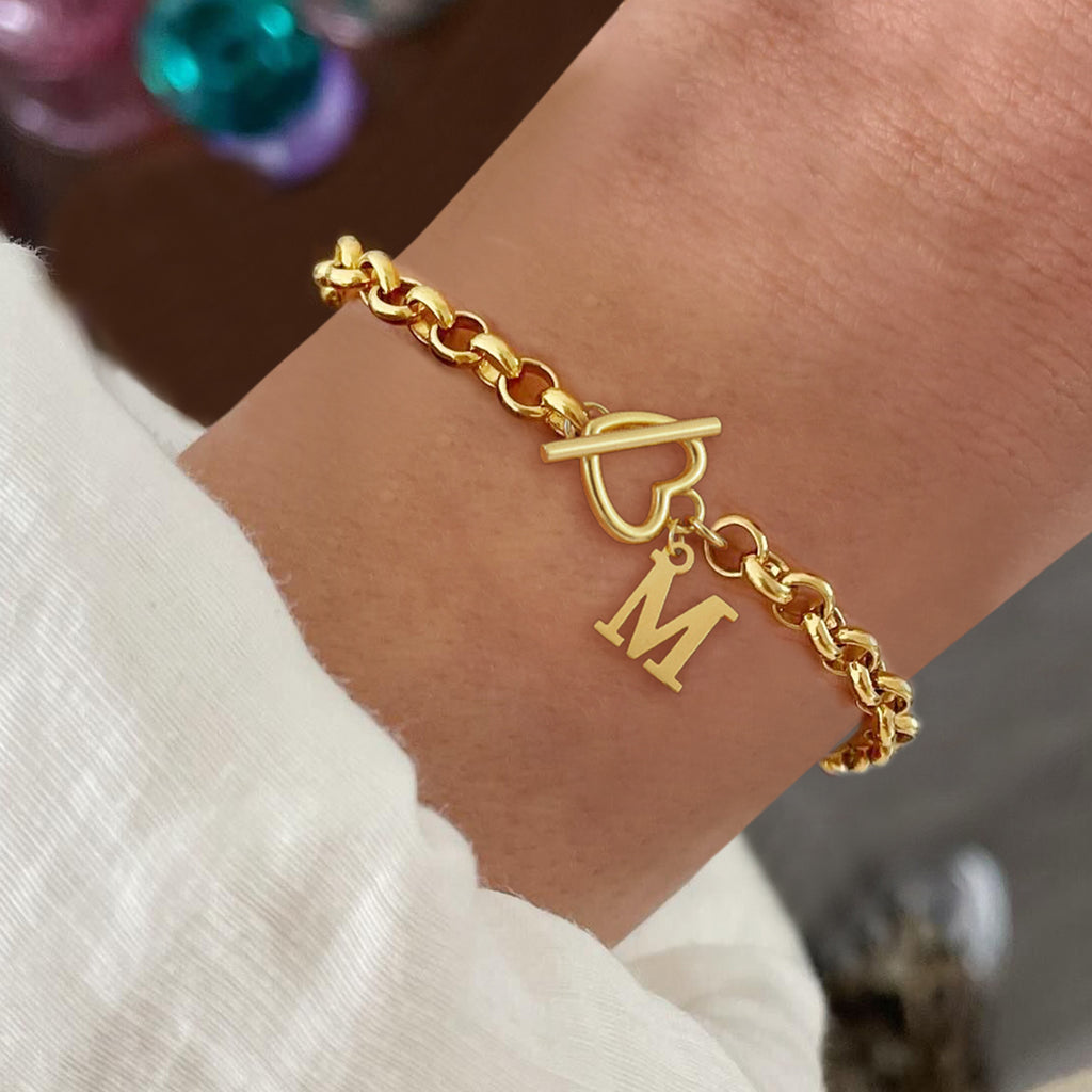Gold Initial Bracelets For Women -18k Gold Plated Dainty Heart Toggle Clasps A-Z Initial Bracelets For Women Jewelry Gift