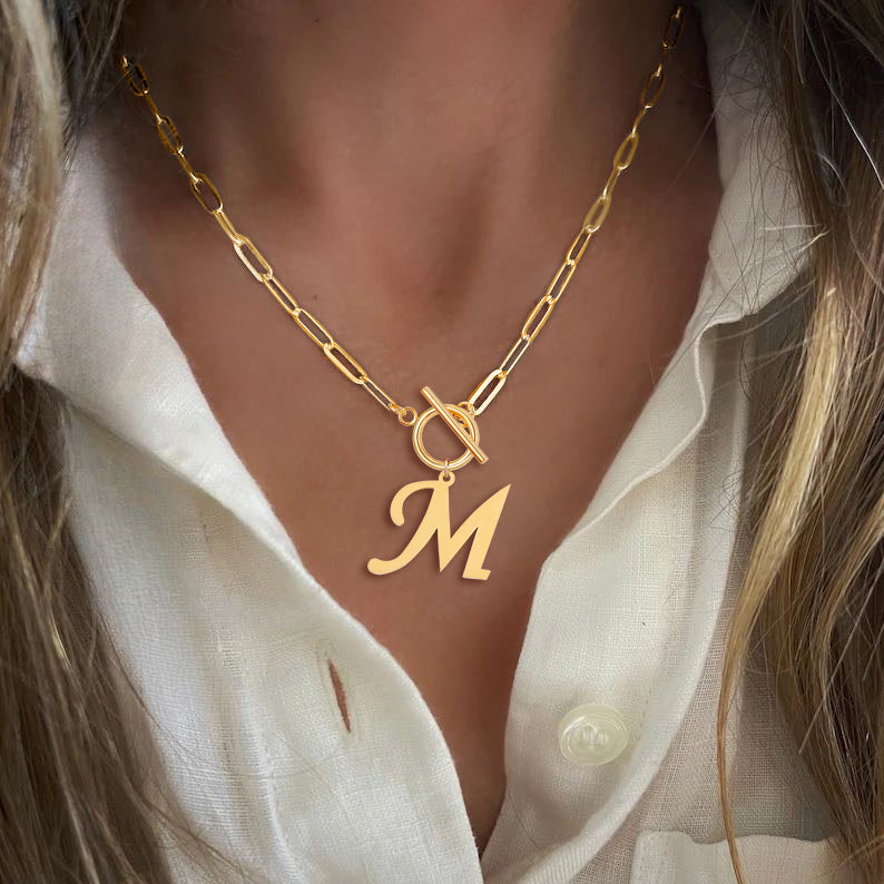 Gold Initial Necklaces For Women- Vintage 18K Gold Plated Toggle Letter Necklace Paper Clip Chain Choker Necklace For Women Jewelry Gifts
