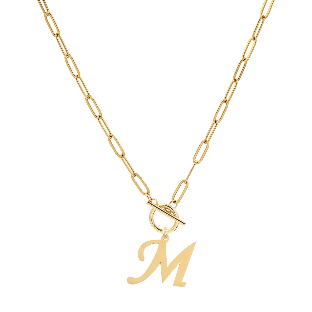 Gold Initial Necklaces For Women- Vintage 18K Gold Plated Toggle Letter Necklace Paper Clip Chain Choker Necklace For Women Jewelry Gifts