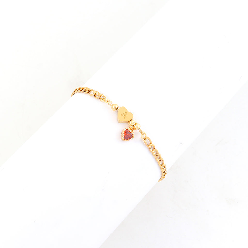 Gold Heart Initial Bracelet for Women,Dainty Red Heart Gold Stainless Steel NK Chain Bracelet For Women