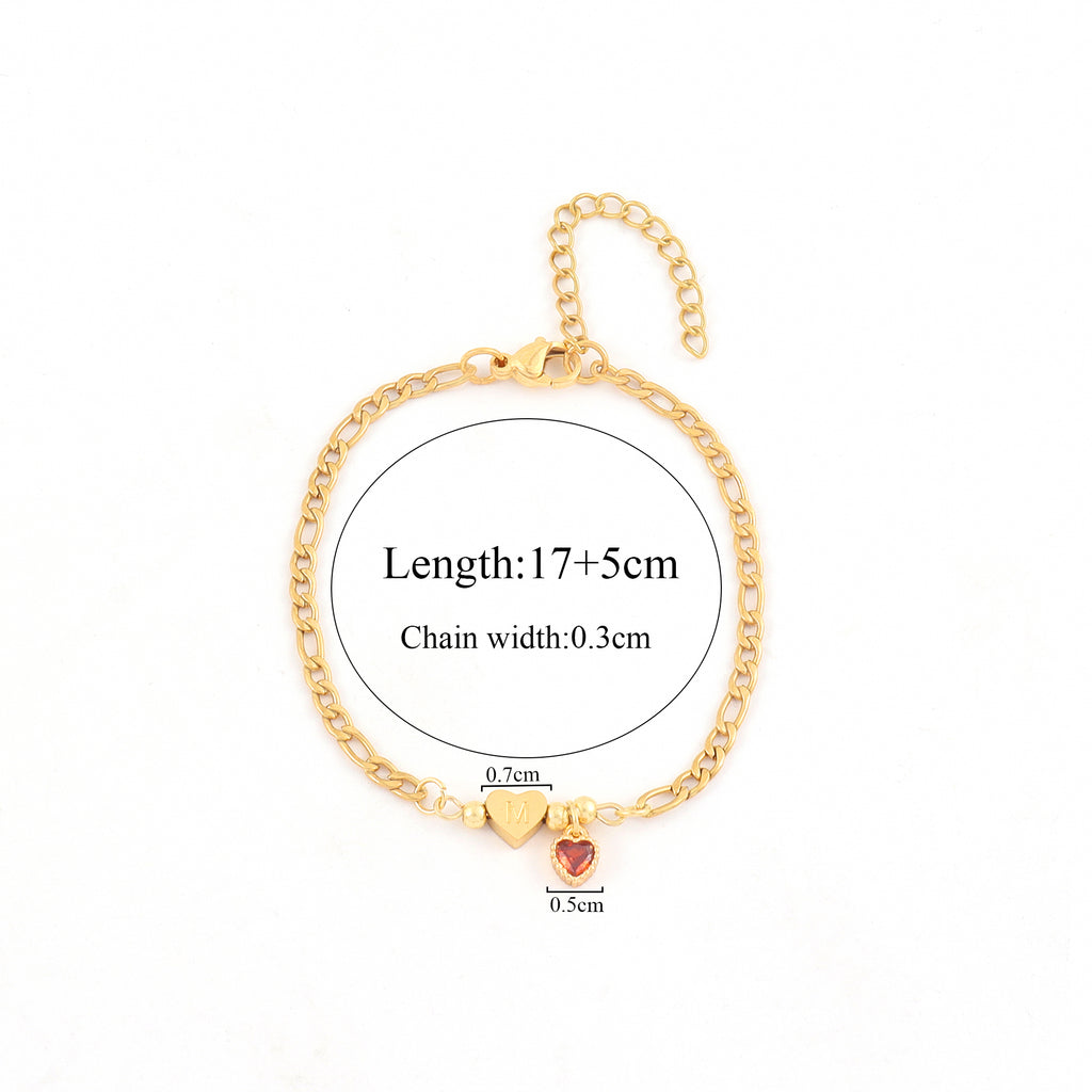 Gold Heart Initial Bracelet for Women,Dainty Red Heart Gold Stainless Steel NK Chain Bracelet For Women