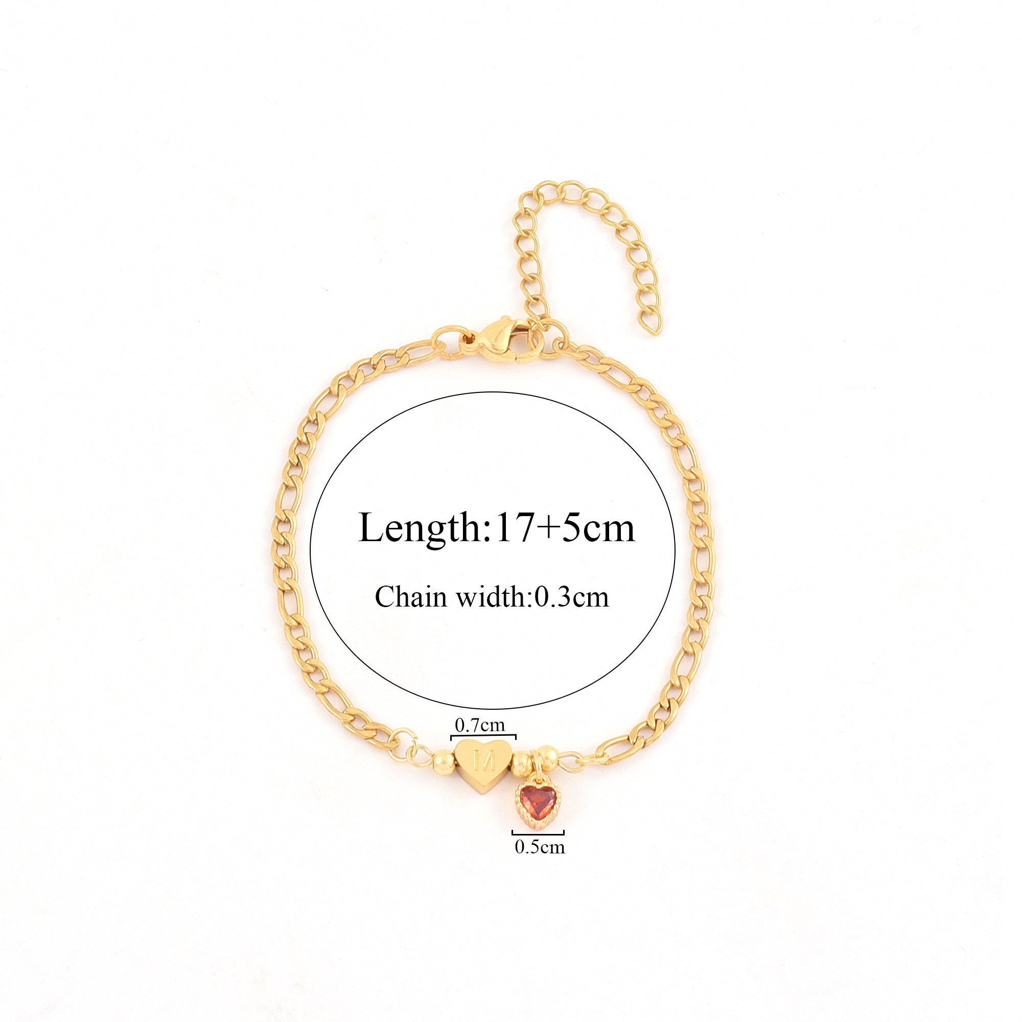 Gold Heart Initial Bracelet for Women,Dainty Red Heart Gold Stainless Steel NK Chain Bracelet For Women